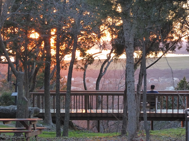 Pink and orange sunset through a patch of trees where a man sits on a walking bridge overlooking a valley and the setting sun.