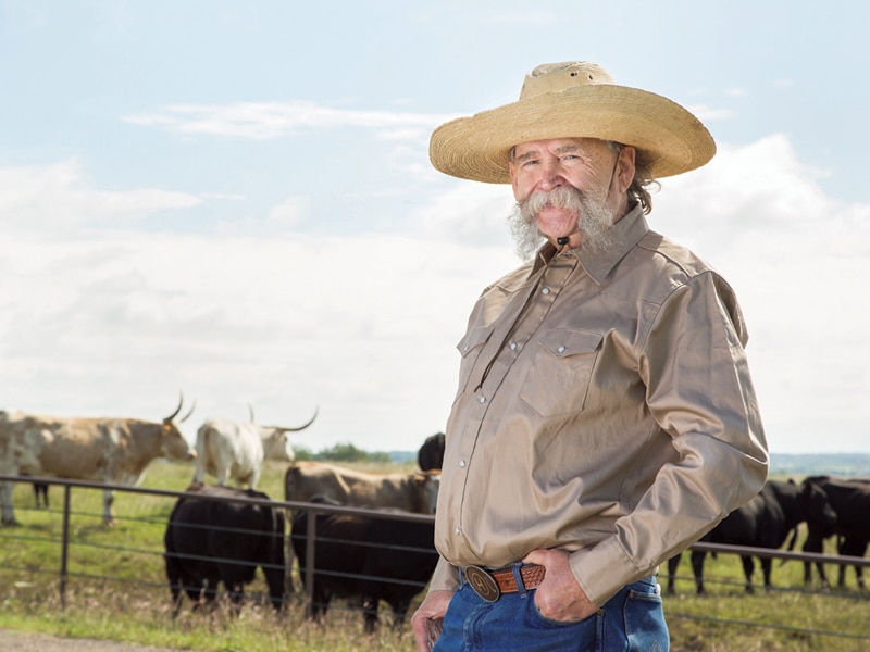 Man in cowboy hat, large mustache and western shirt and jeans standing in front of a field of bulls.