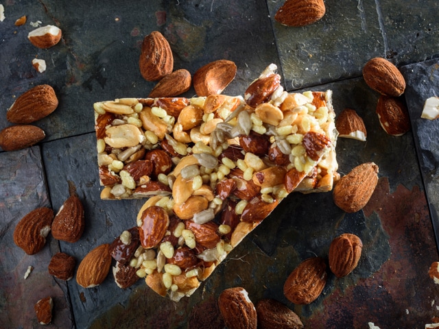 Granola bars and almonds as a healthy option for snacking in the car.