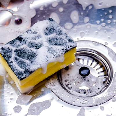 germ eliminating soapy sponge resting at bottom of sink 